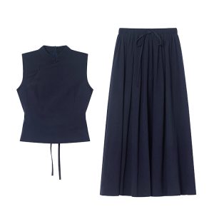 Chinese-Style Stand-Collar Vest and Half-Skirt Set for Women - Summer High-End Slimming Two-Piece Outfit