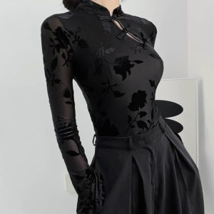 Chinese-Style Velvet Long Sleeve Top with Button Design - Slim Fit Vintage Shirt for Spring and Summer