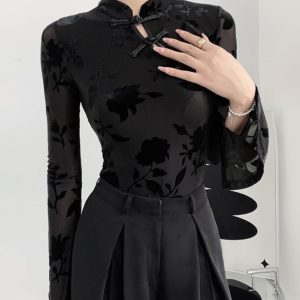Chinese-Style Velvet Long Sleeve Top with Button Design - Slim Fit Vintage Shirt for Spring and Summer