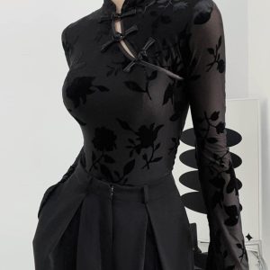 Chinese-Style Velvet Long Sleeve Top with Button Design - Slim Fit Vintage Shirt for Spring and Summer