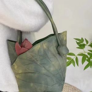 Chinese Wind Lotus Leaf Tote Bag - Retro Handheld Shoulder Bucket Bag - 2024 New Style Fashion Handbag