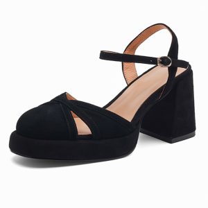 Chunky Heel Black Closed-Toe Platform Sandals for Women - Waterproof Cowhide Summer Footwear with Thick Bottom