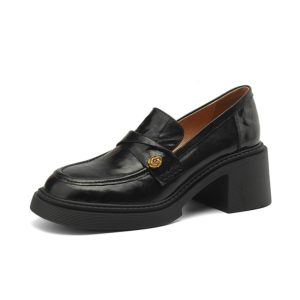 Chunky Heel Black Loafers for Women - Summer 2025 Small Leather Shoes with Camellia Design - Trendy and Stylish