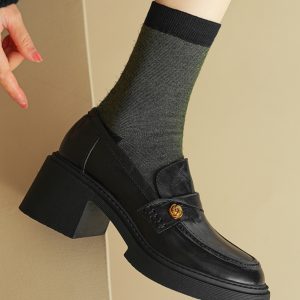 Chunky Heel Black Loafers for Women - Summer 2025 Small Leather Shoes with Camellia Design - Trendy and Stylish