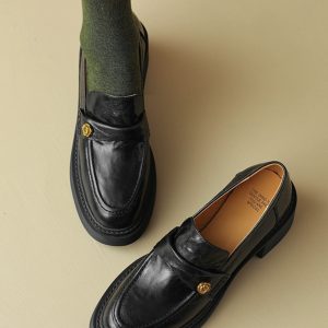 Chunky Heel Black Loafers for Women - Summer 2025 Small Leather Shoes with Camellia Design - Trendy and Stylish