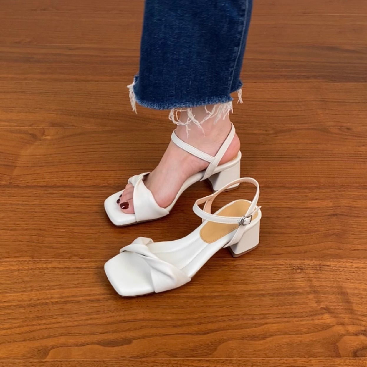 Chunky Heel Black Square Head Sandals for Women - Summer 2025 One-Word Leather Design, Trendy High Heels, Size 41