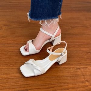 Chunky Heel Black Square Head Sandals for Women - Summer 2025 One-Word Leather Design, Trendy High Heels, Size 41