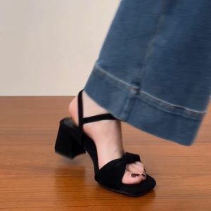 Chunky Heel Black Square Head Sandals for Women - Summer 2025 One-Word Leather Design, Trendy High Heels, Size 41