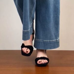 Chunky Heel Black Square Head Sandals for Women - Summer 2025 One-Word Leather Design, Trendy High Heels, Size 41