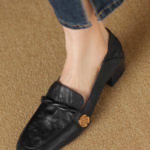 Chunky Heel Camellia Loafers for Women - Small Sheepskin Summer Shoes with Square Toe - Trendy Mid-Heel Footwear Size 41