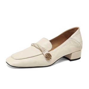 Chunky Heel Camellia Loafers for Women - Small Sheepskin Summer Shoes with Square Toe - Trendy Mid-Heel Footwear Size 41