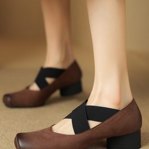 Chunky Heel Cross Strap Ballet Shoes for Women - Soft-Soled Mid Heels, 2025 Summer Style, Pig Nose Design