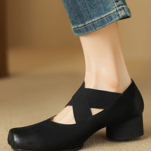 Chunky Heel Cross Strap Ballet Shoes for Women - Soft-Soled Mid Heels, 2025 Summer Style, Pig Nose Design