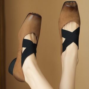 Chunky Heel Cross Strap Ballet Shoes for Women - Soft-Soled Mid Heels, 2025 Summer Style, Pig Nose Design