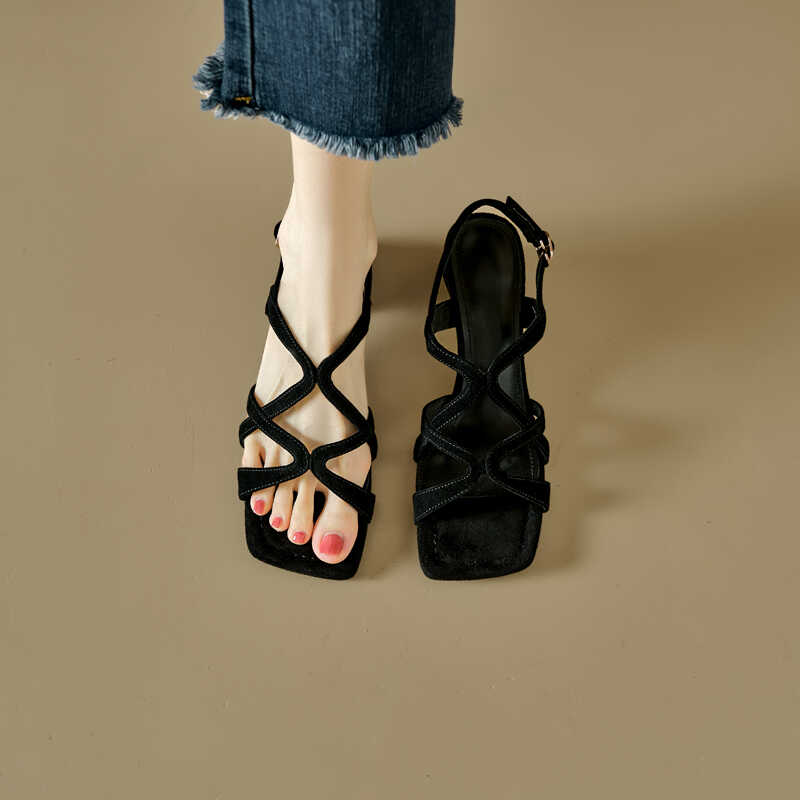 Chunky Heel Genuine Leather Open-Toe Hollow Back Strap Sandals for Women - Stylish Italian Design