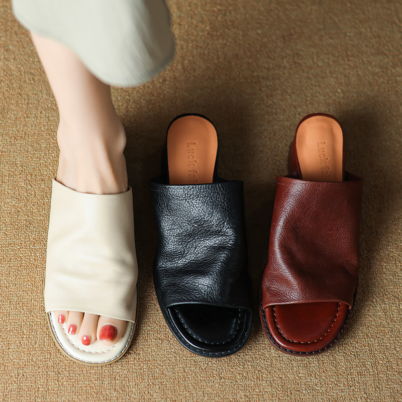 Chunky Heel Half Mules Sandals for Summer - Pure Leather One-Strap Cool Mules - Stylish Italian Summer Footwear