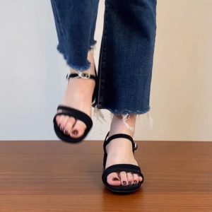 Chunky Heel Open-Toe One-Strap Sandals for Women - Summer 2025 Mid-Heel Sheepskin Footwear in Plus Sizes - Trendy Summer Style