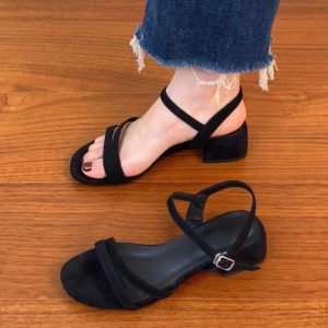 Chunky Heel Open-Toe One-Strap Sandals for Women - Summer 2025 Mid-Heel Sheepskin Footwear in Plus Sizes - Trendy Summer Style