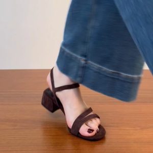 Chunky Heel Open-Toe One-Strap Sandals for Women - Summer 2025 Mid-Heel Sheepskin Footwear in Plus Sizes - Trendy Summer Style