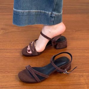 Chunky Heel Open-Toe One-Strap Sandals for Women - Summer 2025 Mid-Heel Sheepskin Footwear in Plus Sizes - Trendy Summer Style