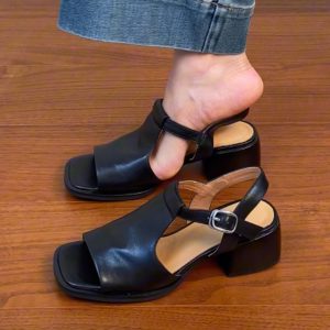Chunky Heel Open Toe Sandals for Women - Black Square Toe Cowhide Summer 2025 Versatile High Heels