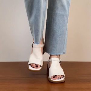 Chunky Heel Open Toe Sandals for Women - Black Square Toe Cowhide Summer 2025 Versatile High Heels