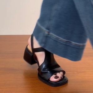 Chunky Heel Open Toe Sandals for Women - Black Square Toe Cowhide Summer 2025 Versatile High Heels
