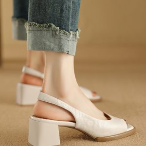 Chunky Heel Peep Toe Sandals for Women - Simple Square Toe, Back Strap, High Heel, 2025 Summer Style in Layered Cowhide