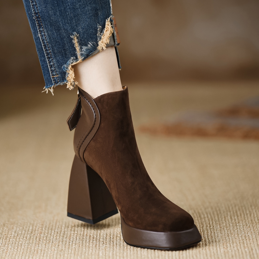 Chunky Heel Short Boots - Waterproof Genuine Leather, Height-Enhancing 9CM, Stylish Coffee Color, Perfect for Y2K and 90s Fashion