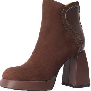 Chunky Heel Short Boots - Waterproof Genuine Leather, Height-Enhancing 9CM, Stylish Coffee Color, Perfect for Y2K and 90s Fashion