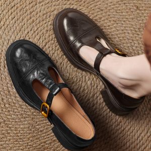 Chunky Heel T-Strap Loafers for Women - Mid-Heel Round Toe Hollow-Out Leather Shoes, 2025 Trendy Fashion Footwear