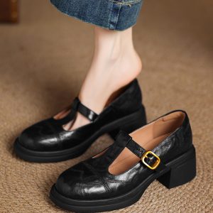 Chunky Heel T-Strap Loafers for Women - Mid-Heel Round Toe Hollow-Out Leather Shoes, 2025 Trendy Fashion Footwear