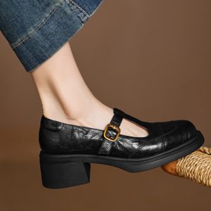 Chunky Heel T-Strap Loafers for Women - Mid-Heel Round Toe Hollow-Out Leather Shoes, 2025 Trendy Fashion Footwear