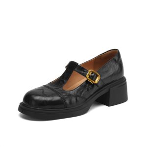 Chunky Heel T-Strap Loafers for Women - Mid-Heel Round Toe Hollow-Out Leather Shoes, 2025 Trendy Fashion Footwear