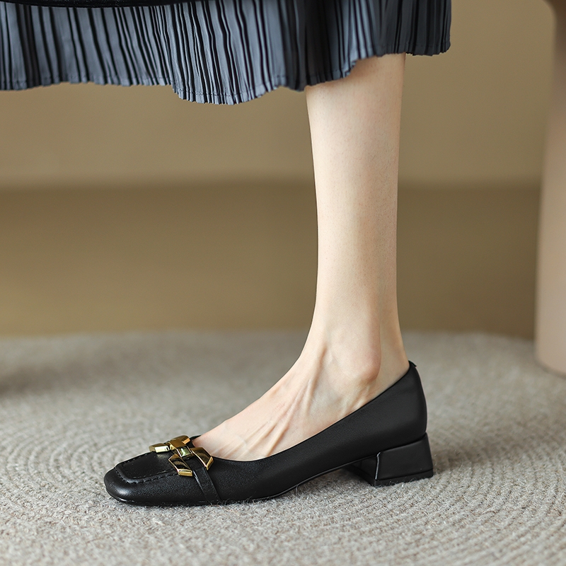 Chunky Heel Women's Genuine Leather Slip-On Shoes with Metal Buckle - Square Toe Italian Style Footwear