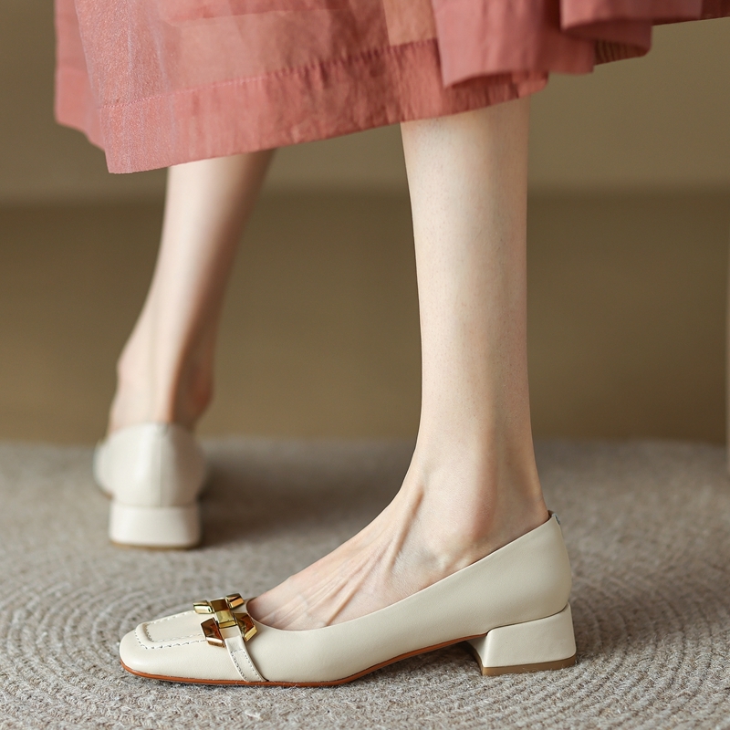 Chunky Heel Women's Genuine Leather Slip-On Shoes with Metal Buckle - Square Toe Italian Style Footwear