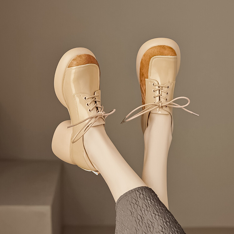 Chunky Heel Women's Italian-Style Genuine Leather Round Shoes - Comfortable Thick-Soled Soft Sole 6.5 cm Height