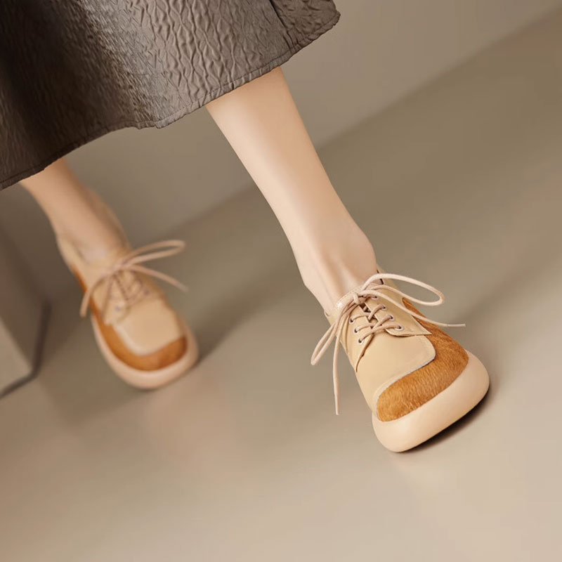 Chunky Heel Women's Italian-Style Genuine Leather Round Shoes - Comfortable Thick-Soled Soft Sole 6.5 cm Height