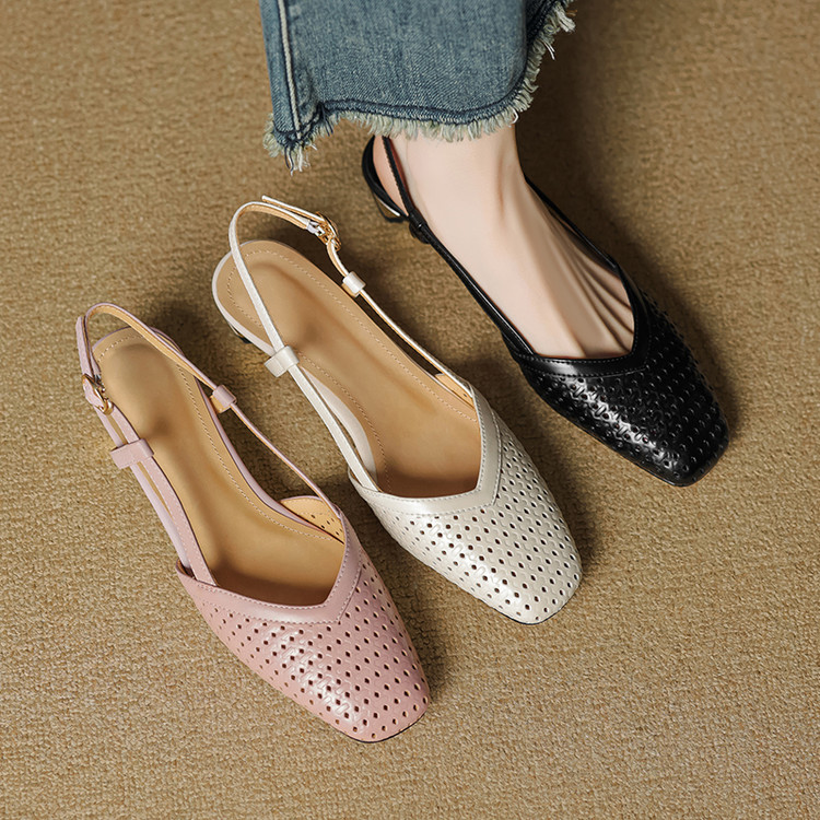 Chunky Heeled Hollow Out Open-Toe Sandals for Women - Summer Genuine Leather Backless Footwear - 3CM Comfort Sole