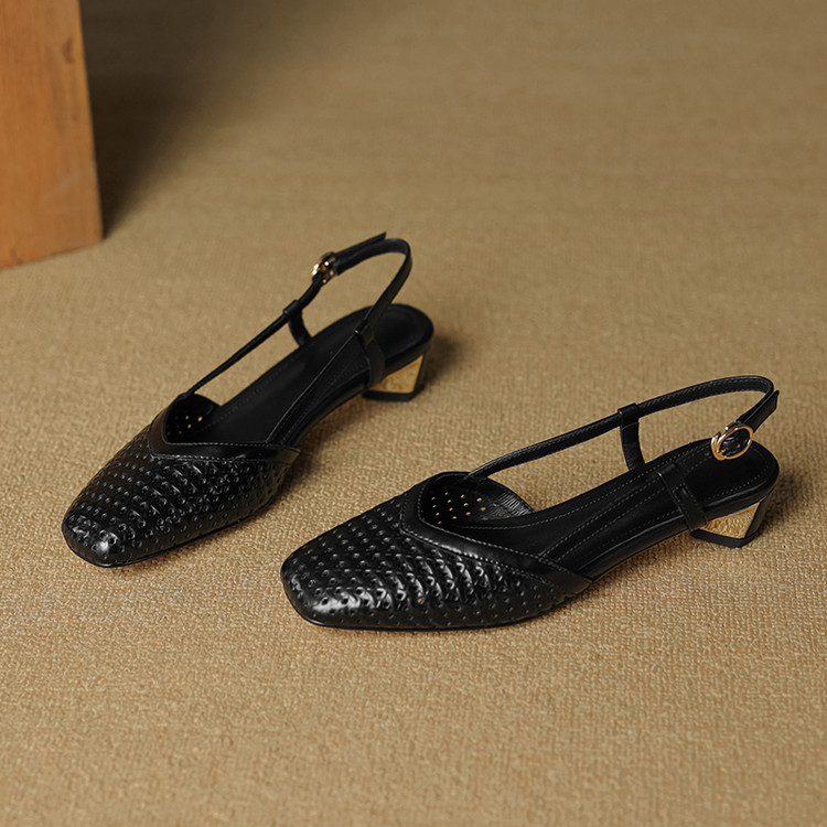 Chunky Heeled Hollow Out Open-Toe Sandals for Women - Summer Genuine Leather Backless Footwear - 3CM Comfort Sole