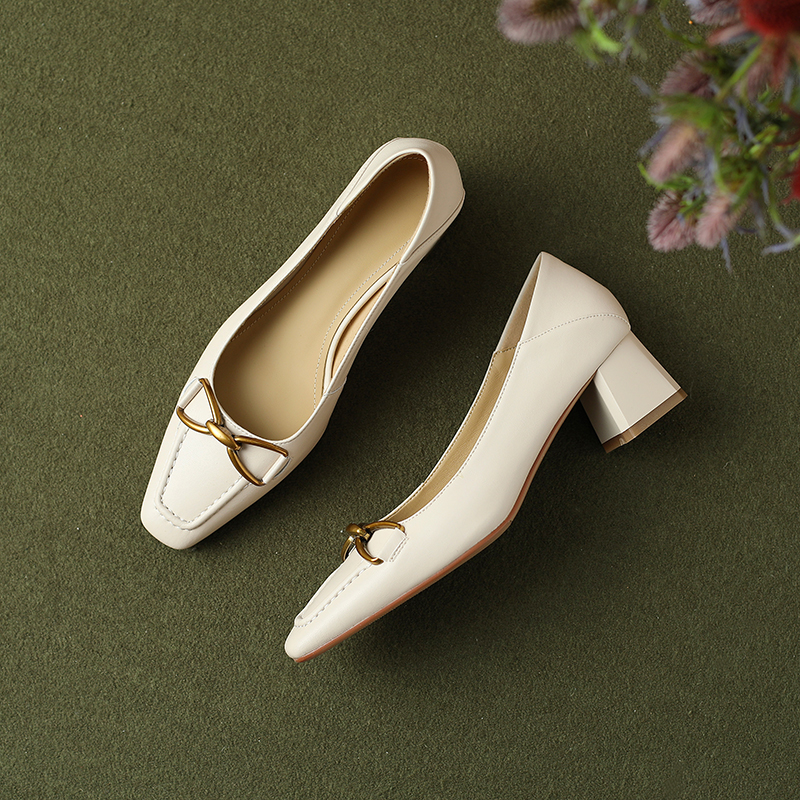 Chunky High Heels for Women - Retro French Literary Style Genuine Leather Two-Way Wear with Metal Buckle