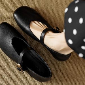 Chunky Mid-Heel Mary Jane Shoes for Women - Sheepskin Round Toe Flats in Forest Green - Spring Summer 2025 Fashion