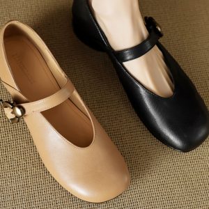 Chunky Mid-Heel Mary Jane Shoes for Women - Sheepskin Round Toe Flats in Forest Green - Spring Summer 2025 Fashion