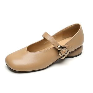 Chunky Mid-Heel Mary Jane Shoes for Women - Sheepskin Round Toe Flats in Forest Green - Spring Summer 2025 Fashion