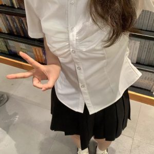 Cinch Waist Short-Sleeve Shirt, Japanese College Style Top, Spicy Girl Outfit, Spring/Summer Women's Fashion