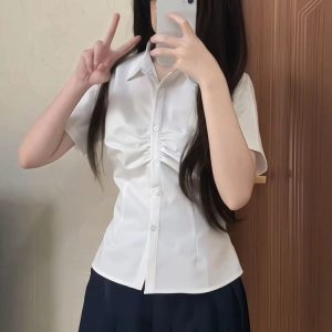Cinch Waist Short-Sleeve Shirt, Japanese College Style Top, Spicy Girl Outfit, Spring/Summer Women's Fashion