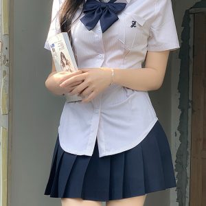 Cinch Waist White and Blue JK Uniform Shirt for Women - Pudding Bear Inspired Niche Top for Spring and Autumn Fashion