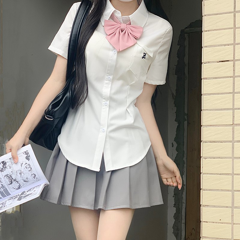 Cinch Waist White and Blue JK Uniform Shirt for Women - Pudding Bear Inspired Niche Top for Spring and Autumn Fashion