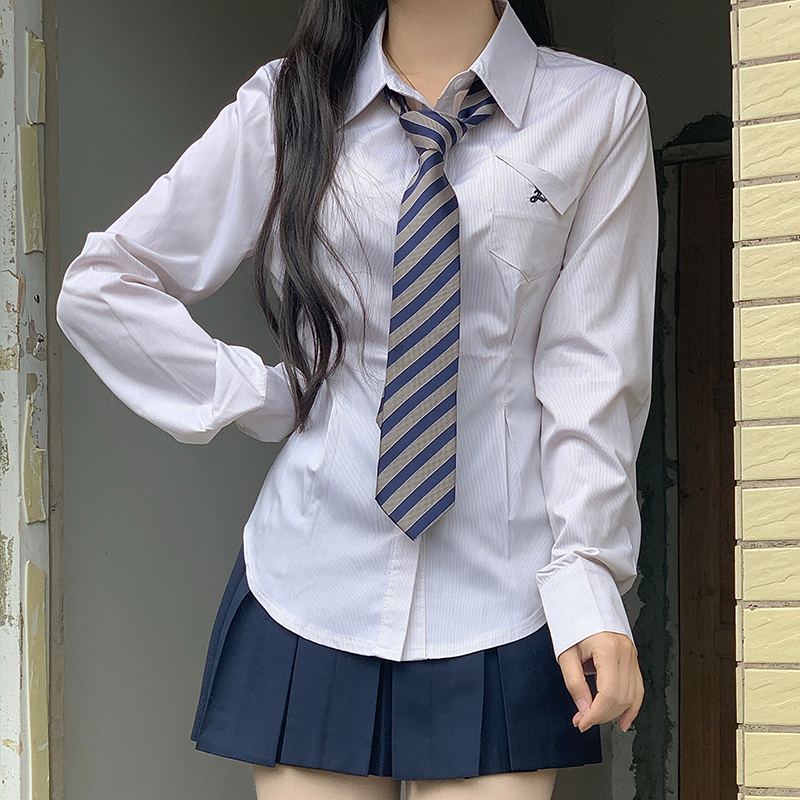 Cinch Waist White and Blue JK Uniform Shirt for Women - Pudding Bear Inspired Niche Top for Spring and Autumn Fashion Cinch Waist White and Blue JK Uniform Shirt for Women - Pudding Bear Inspired Niche Top for Spring and Autumn Fashion