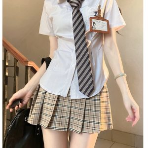 Cinch Waist White and Blue JK Uniform Shirt for Women - Pudding Bear Inspired Niche Top for Spring and Autumn Fashion